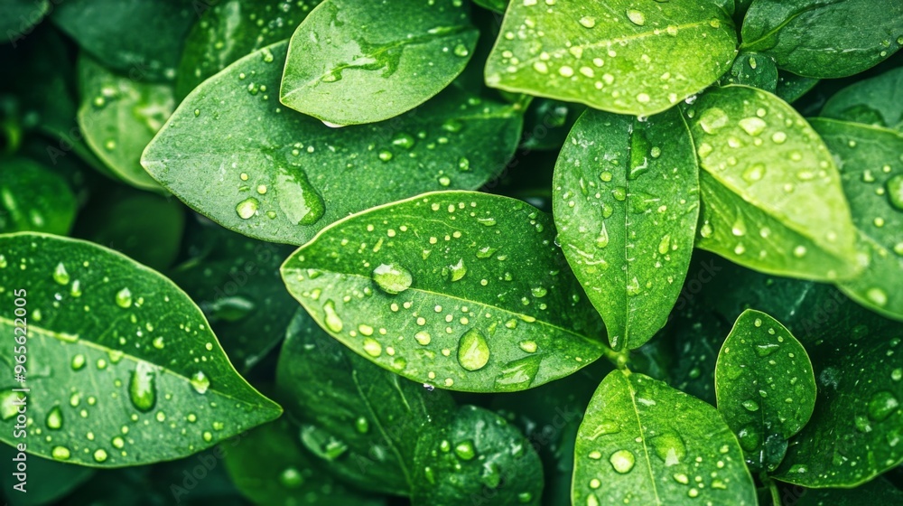 A close-up of fresh green leaves with droplets of water, symbolizing purity, nature, and the rejuvenating qualities of nature. A close-up of fresh green leaves with droplets of water, symbolizing purity, nature, and the rejuvenating qualities of nature.
