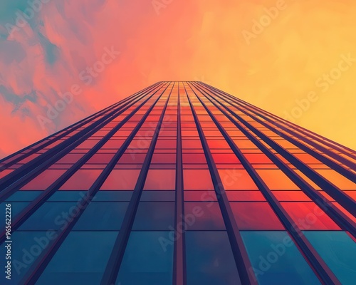 Wallpaper Mural Modern skyscraper, reflective glass, sunset cityscape, digital painting, warm hues, highly detailed Torontodigital.ca