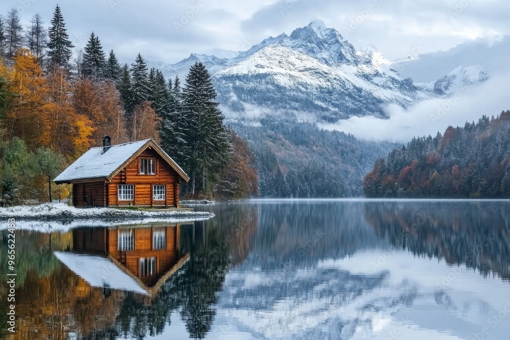 Fototapeta premium A small wooden cottage in front of a snow capped moutain at a beautiful lake with reflection 