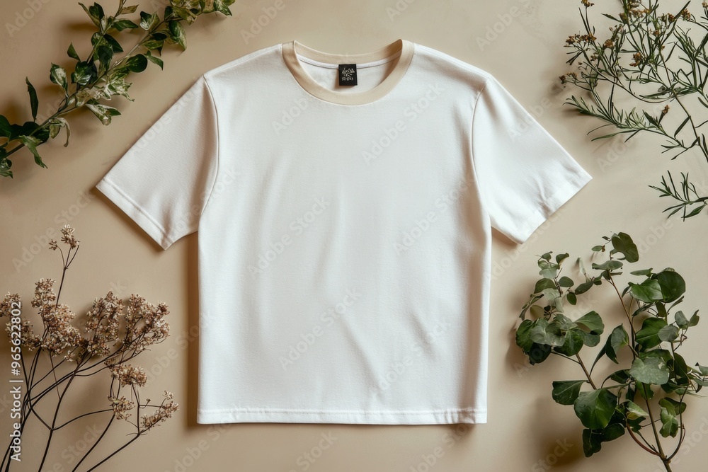 Simple Tshirt Flatlay mockup in beige background created with generative AI Simple Tshirt Flatlay mockup in beige background created with generative AI