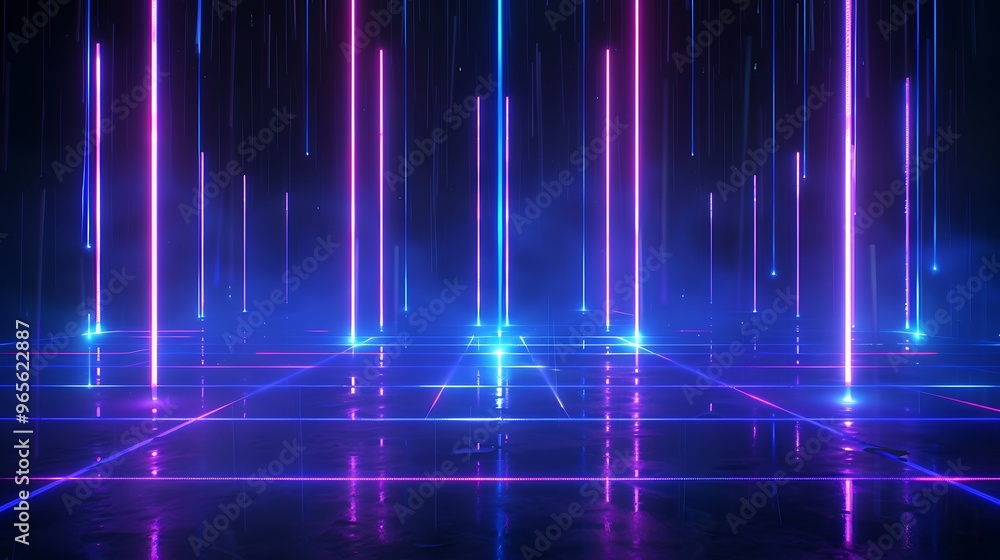 Futuristic digital landscape with vibrant neon lights, creating a dynamic and immersive atmosphere for technology and design themes. Stage for product presentation. Futuristic digital landscape with vibrant neon lights, creating a dynamic and immersive atmosphere for technology and design themes. Stage for product presentation.