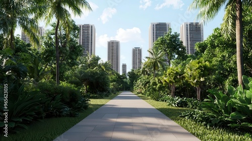 Urban park with skyscrapers in the background, lush greenery, sunny day, realism