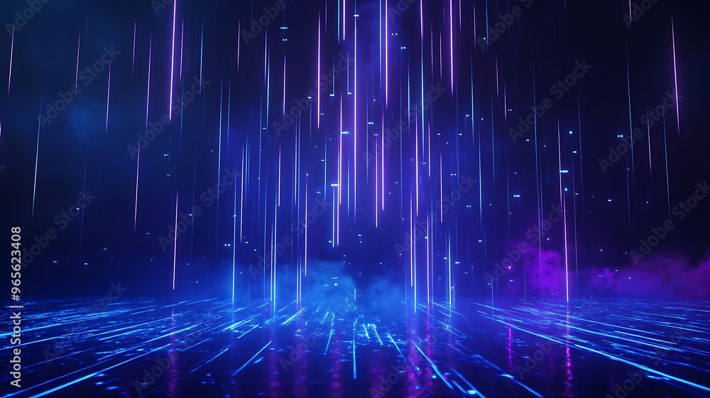 Futuristic light rays cascade in a vibrant digital atmosphere, creating a mesmerizing neon ambiance. Stage for product presentation. Futuristic light rays cascade in a vibrant digital atmosphere, creating a mesmerizing neon ambiance. Stage for product presentation.