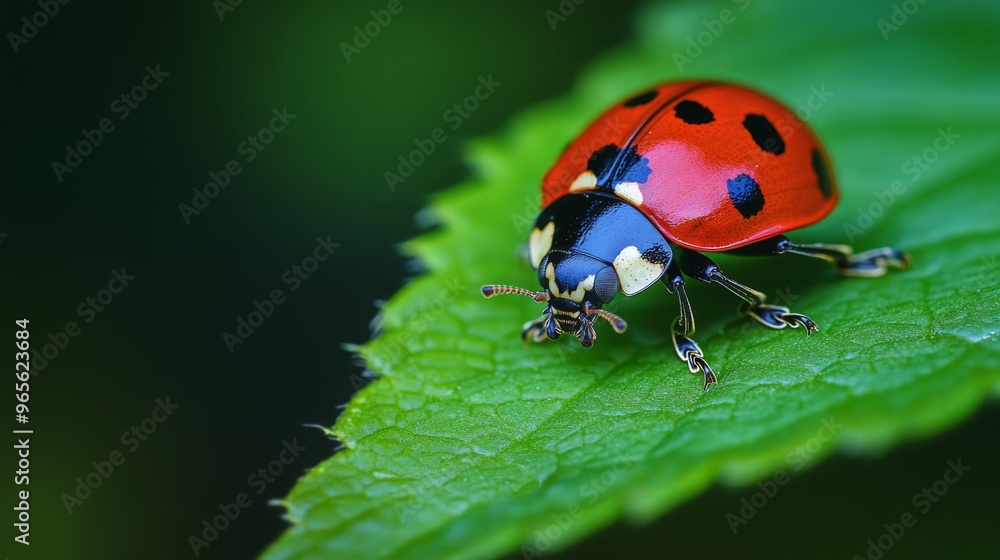 A colorful ladybug crawling on a leaf, with its bright red shell and black spots standing out against the green foliage. A colorful ladybug crawling on a leaf, with its bright red shell and black spots standing out against the green foliage.