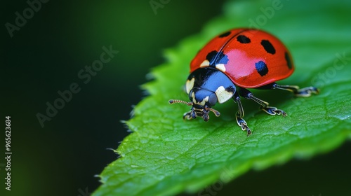 A colorful ladybug crawling on a leaf, with its bright red shell and black spots standing out against the green foliage.