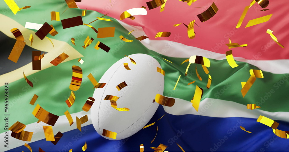 Image of confetti over white rugby ball and flag of south africa Image of confetti over white rugby ball and flag of south africa