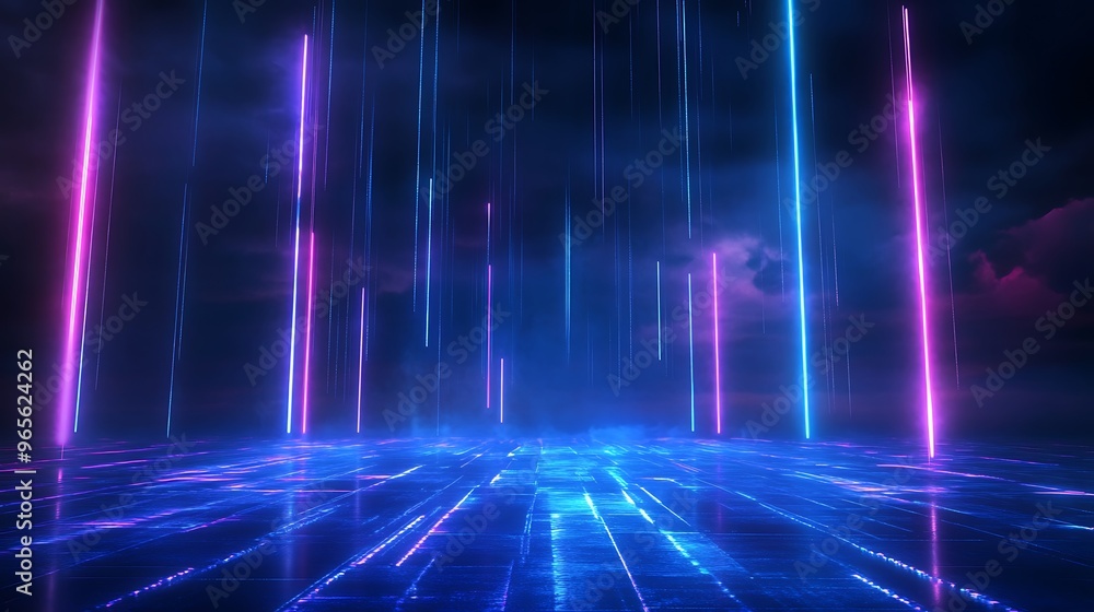 Futuristic neon landscape with vibrant light beams creating a digital atmosphere and a surreal visual experience. Stage for product presentation. Futuristic neon landscape with vibrant light beams creating a digital atmosphere and a surreal visual experience. Stage for product presentation.