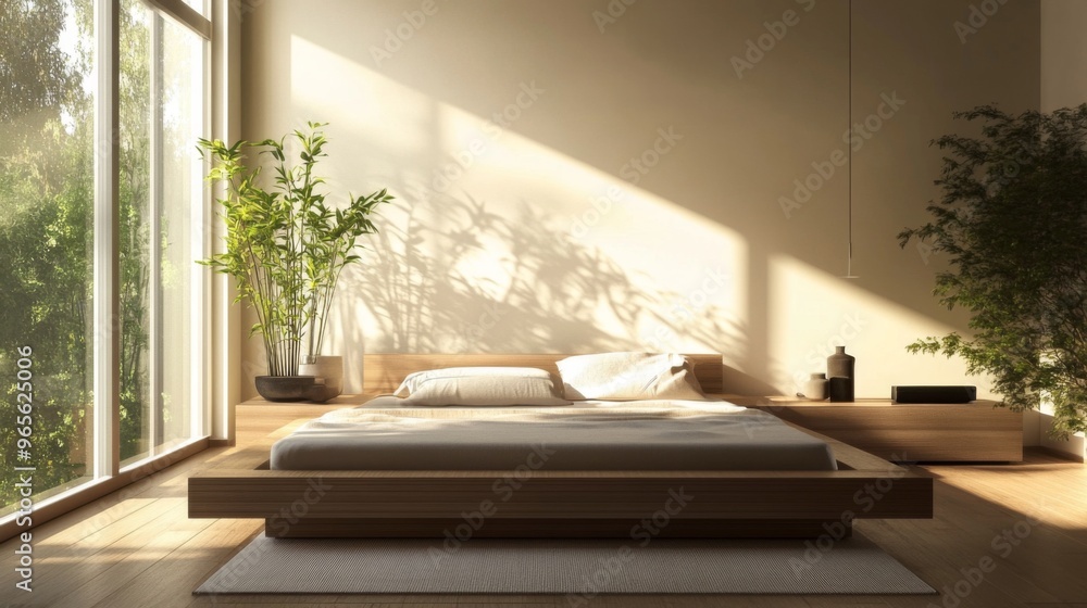 Fototapeta premium A contemporary bedroom with a platform bed and minimalist design, showcasing a simple yet elegant style with natural light streaming through large windows
