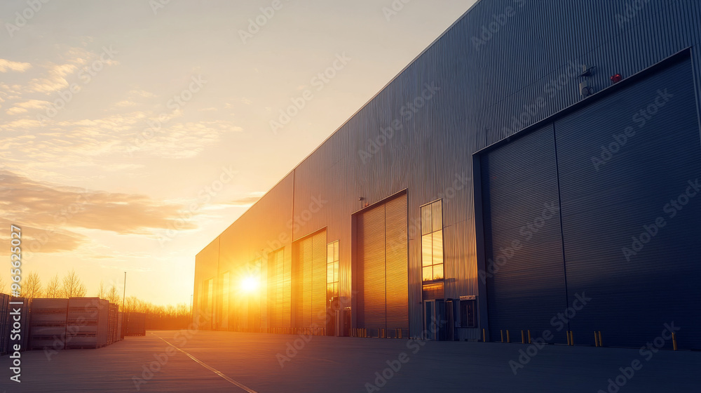 A large, modern warehouse stands against a clear evening sky, bathed in the warm glow of the setting sun. A large, modern warehouse stands against a clear evening sky, bathed in the warm glow of the setting sun.