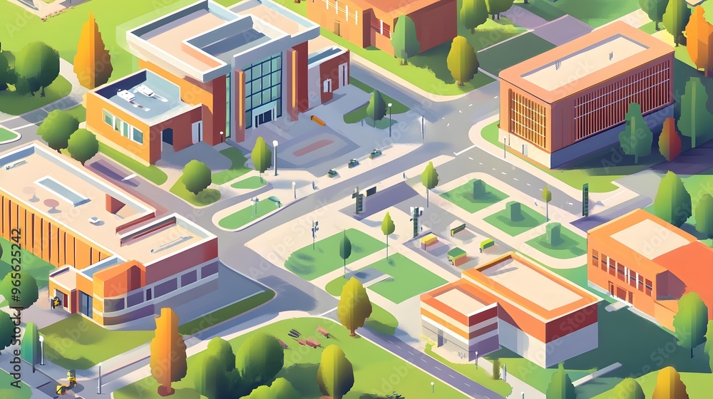 Virtual university campus map with security checkpoints highlighted, isometric illustration style, vibrant colors, subtle drop shadows, soft ambient light, mood of safety and preparedness Virtual university campus map with security checkpoints highlighted, isometric illustration style, vibrant colors, subtle drop shadows, soft ambient light, mood of safety and preparedness