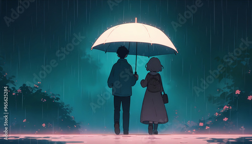 Misty Rain Swirling Around Couple Walking Under Umbrella, Cozy Atmosphere, 4K Lofi Valentine's
