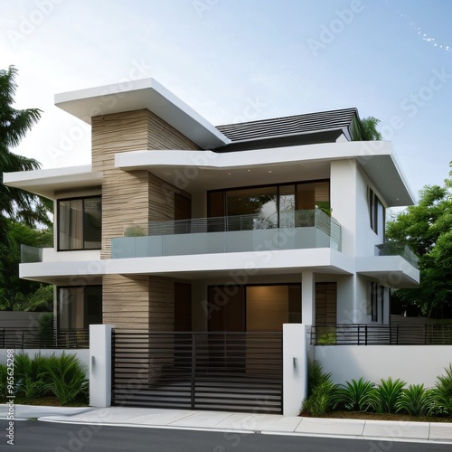 Modern luxury house with a well-manicured lawn..