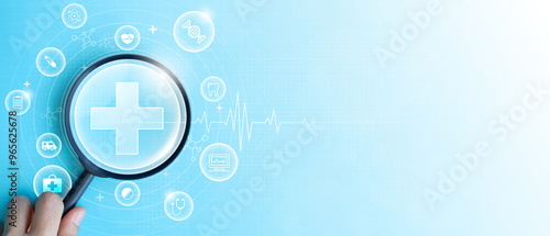 Hand holding magnifying glass focus plus and healthcare medical icon on blue background. health insurance concept and access to welfare. medical technology.