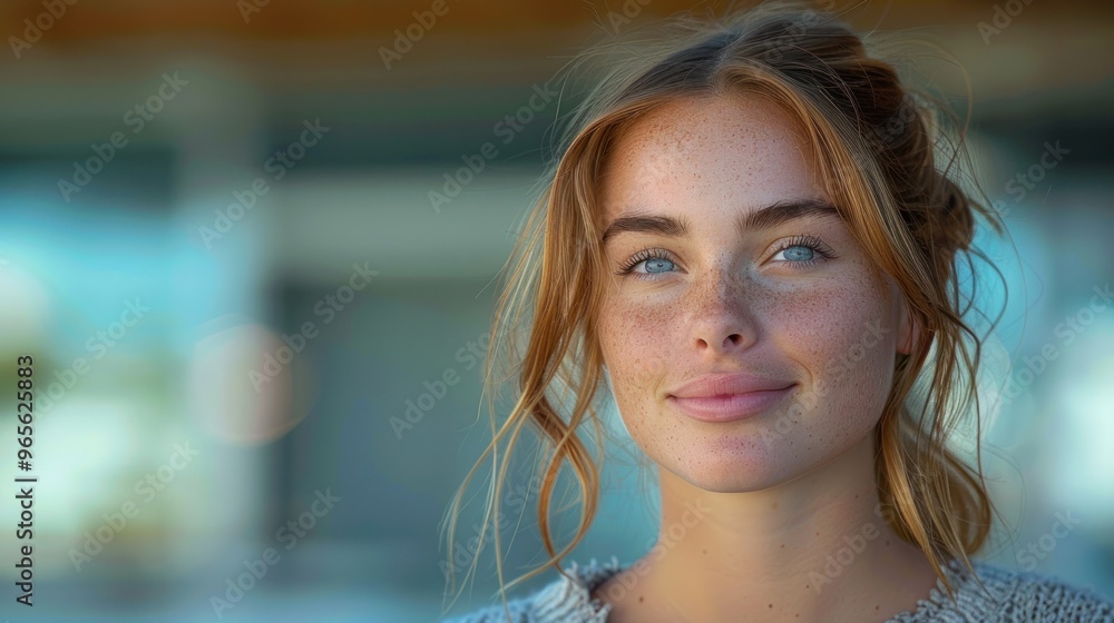 A young woman with glowing blue eyes smiles warmly outdoors under soft sunlight in a charming urban setting. Generative AI A young woman with glowing blue eyes smiles warmly outdoors under soft sunlight in a charming urban setting. Generative AI