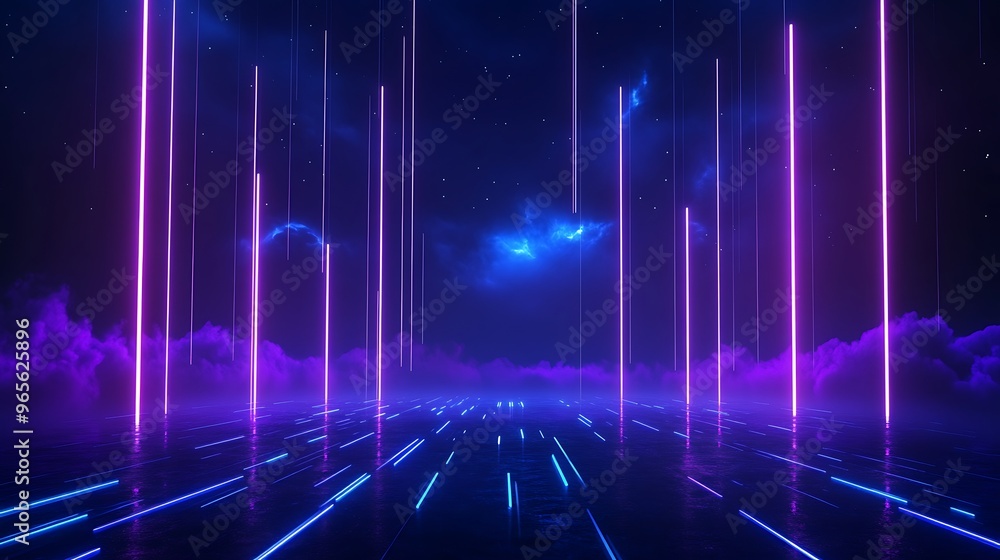 Futuristic scene with vibrant neon lights and ethereal clouds, perfect for technology and cyberpunk themes. Stage for product presentation. Futuristic scene with vibrant neon lights and ethereal clouds, perfect for technology and cyberpunk themes. Stage for product presentation.