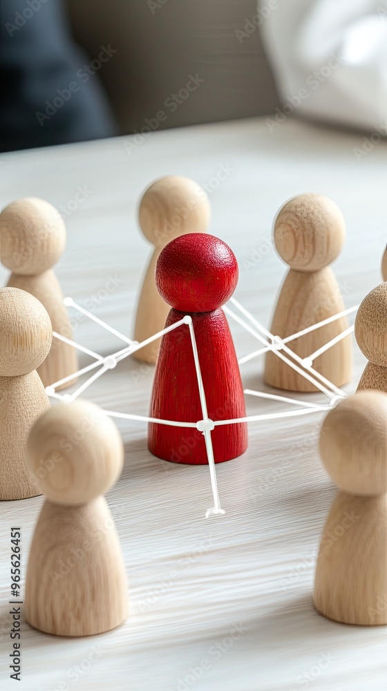 Obraz premium A red wooden figure stands at the core of a network, encircled by white figures against a blue background, illustrating the concept of leadership and collaboration