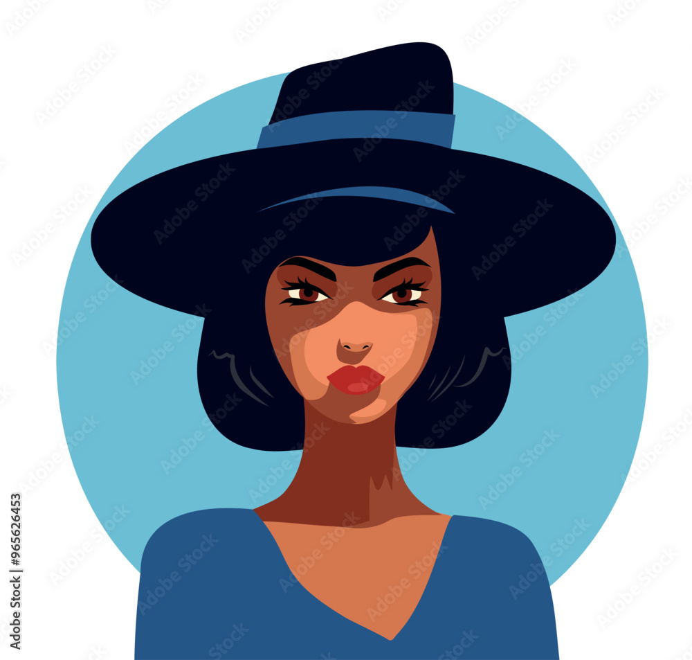 Vector avatar portrait of a girl with a bob haircut in a hat on a blue background Vector avatar portrait of a girl with a bob haircut in a hat on a blue background