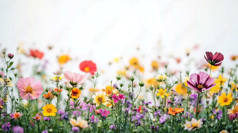 Obraz premium colorful summer flowers, white background, top space for copy and text
