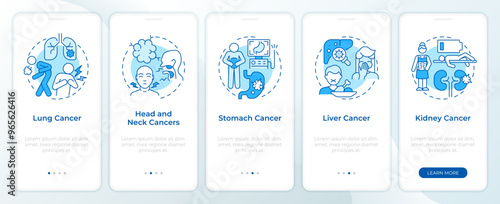 Types of oncological diseases blue onboarding mobile app screen. Walkthrough 5 steps editable graphic instructions with linear concepts. UI, UX, GUI template. Montserrat SemiBold, Regular fonts used