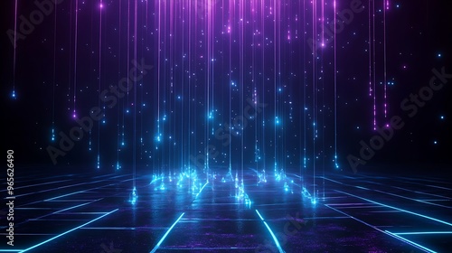 Vibrant abstract background featuring colorful light beams in purple and blue, creating a futuristic and dynamic atmosphere. Stage for product presentation.