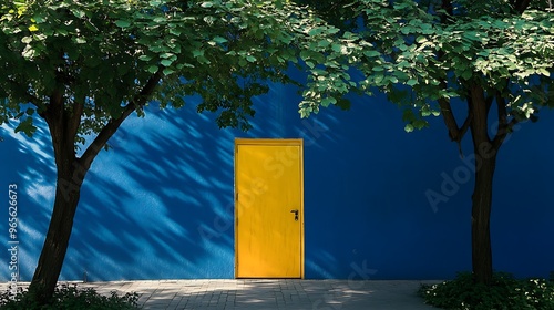 A bright yellow door stands out against a deep blue wall, framed by two leafy trees casting shadows. photo