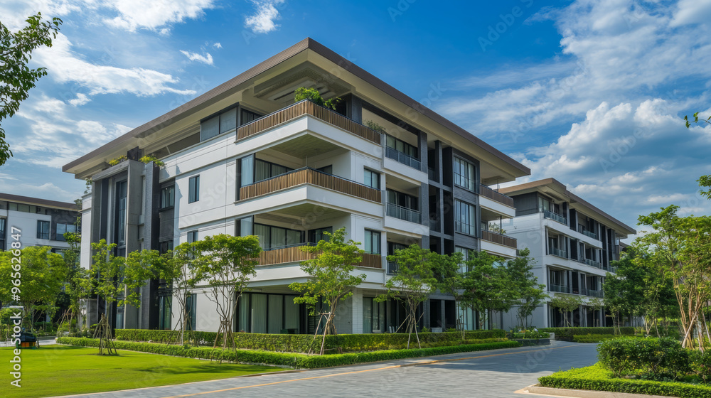 A new, modern apartment building in a green area. It's part of a luxury complex in the city, with condo-style architecture. This is a good example of apartment living and insurance needs. A new, modern apartment building in a green area. It's part of a luxury complex in the city, with condo-style architecture. This is a good example of apartment living and insurance needs.