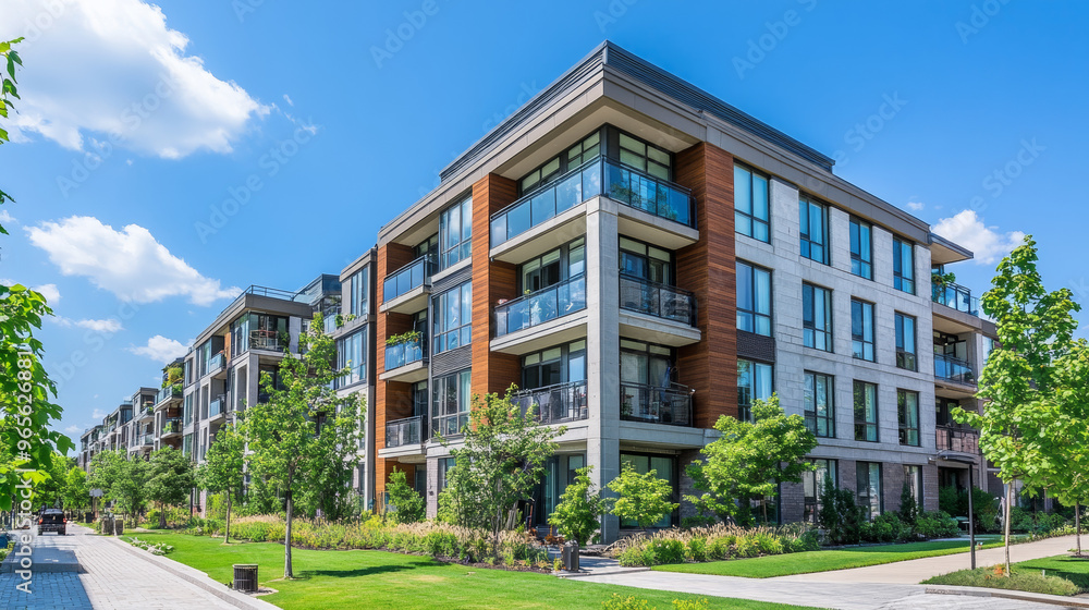 A new, modern apartment building in a green area. It's part of a luxury complex in the city, with condo-style architecture. This is a good example of apartment living and insurance needs. A new, modern apartment building in a green area. It's part of a luxury complex in the city, with condo-style architecture. This is a good example of apartment living and insurance needs.