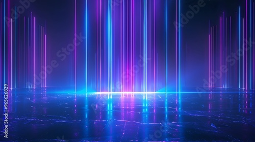 Vibrant abstract background with colorful light beams shining through a dark space, creating a futuristic atmosphere. Stage for product presentation.