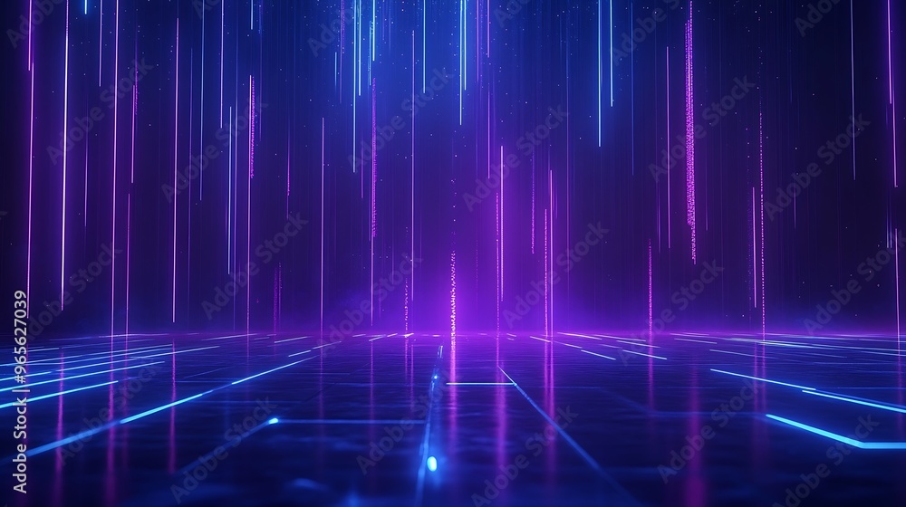 Vibrant abstract digital background with glowing neon lines and light beams in purple and blue hues, ideal for technology and art designs. Stage for product presentation.