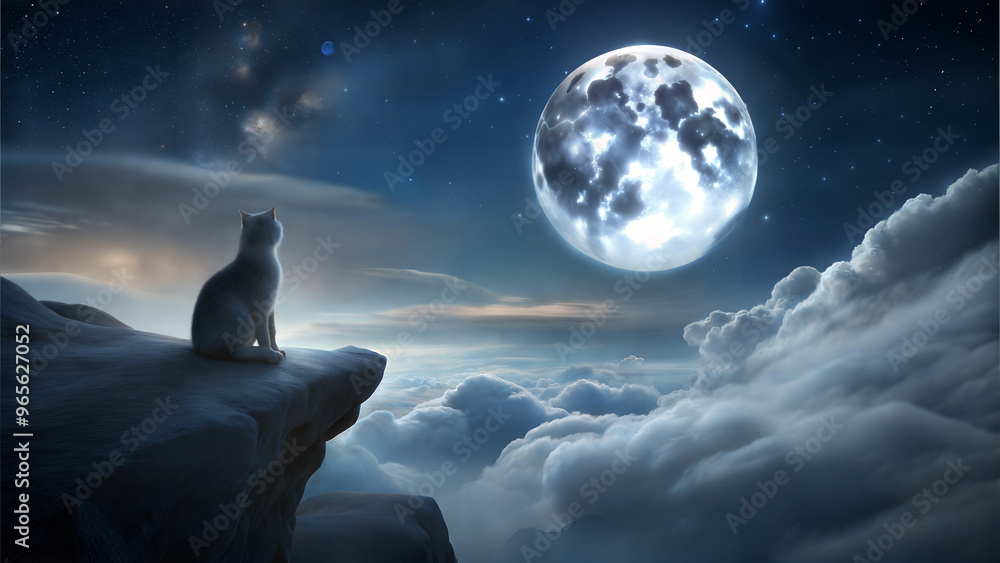 contemplative white cat gazing at the large moon from a rocky cliff above the clouds, serene style, copy space contemplative white cat gazing at the large moon from a rocky cliff above the clouds, serene style, copy space