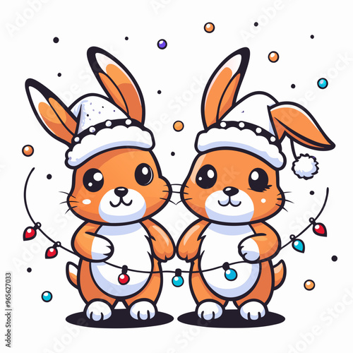 Two Cute Cartoon Bunnies Merrily Holding Christmas Lights Against Snowy Background