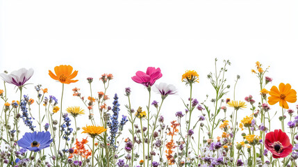 colorful summer flowers, white background, top space for copy and text