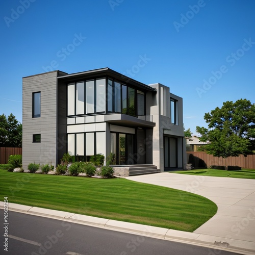 Modern luxury house with a well-manicured lawn..