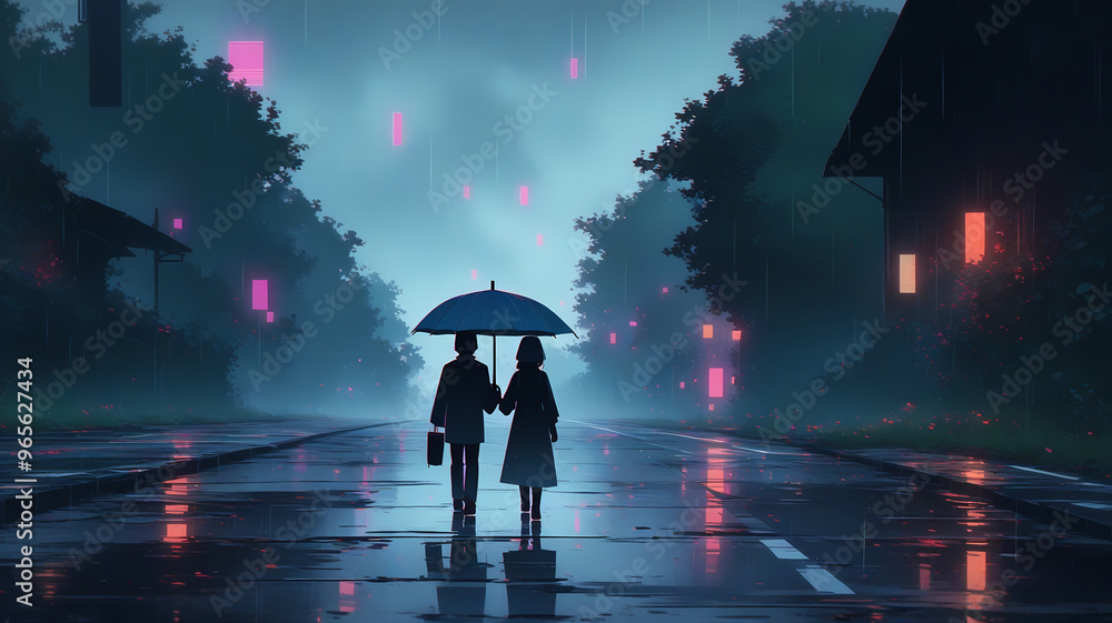 Misty Road After Rain, Serene Couple Walking Under Umbrella, 4K Lofi Valentine's Animation Misty Road After Rain, Serene Couple Walking Under Umbrella, 4K Lofi Valentine's Animation