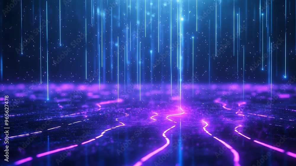 Vibrant digital abstract background featuring glowing lines and droplets of light, ideal for technology and futuristic themes. Stage for product presentation.