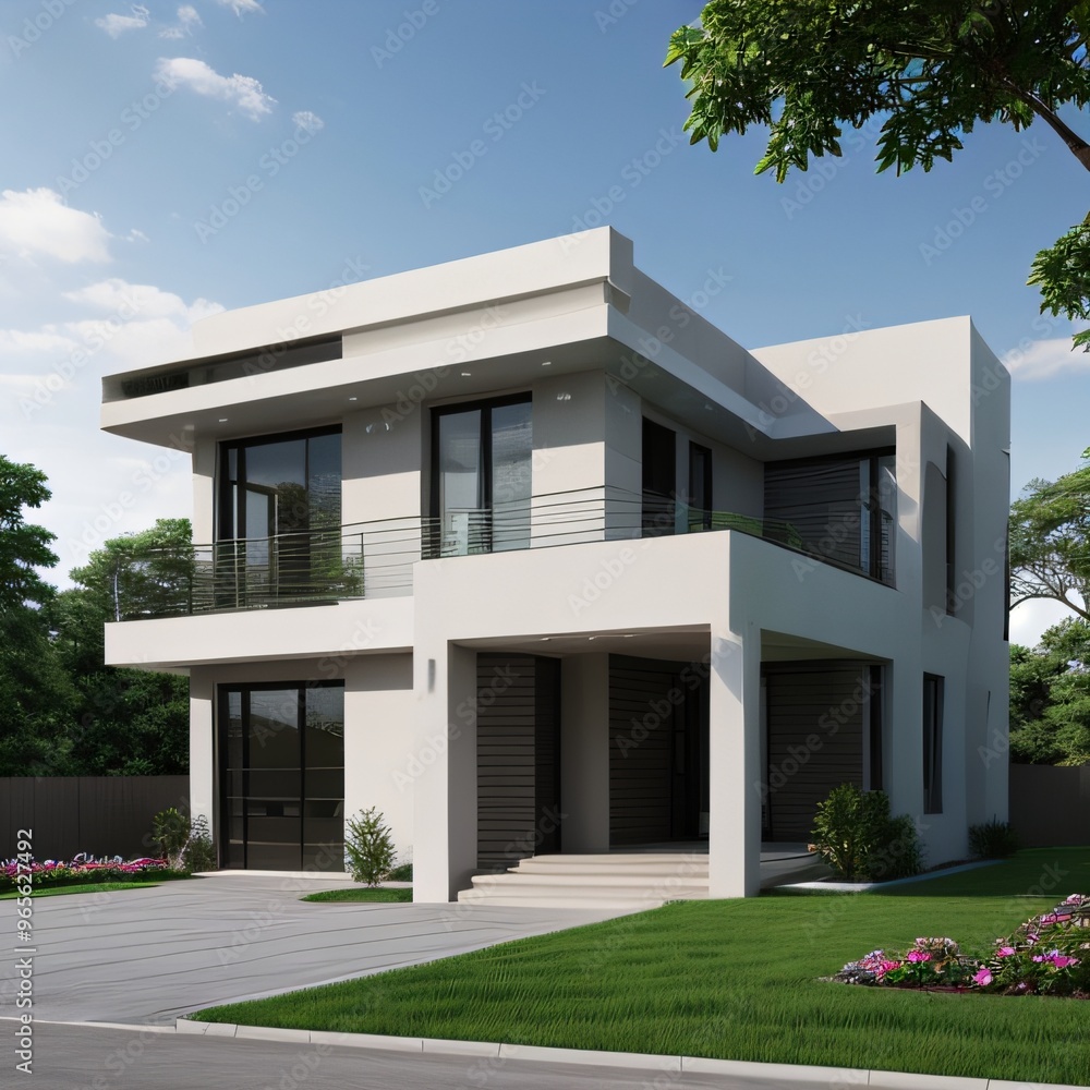 Fototapeta premium Modern luxury house with a well-manicured lawn..