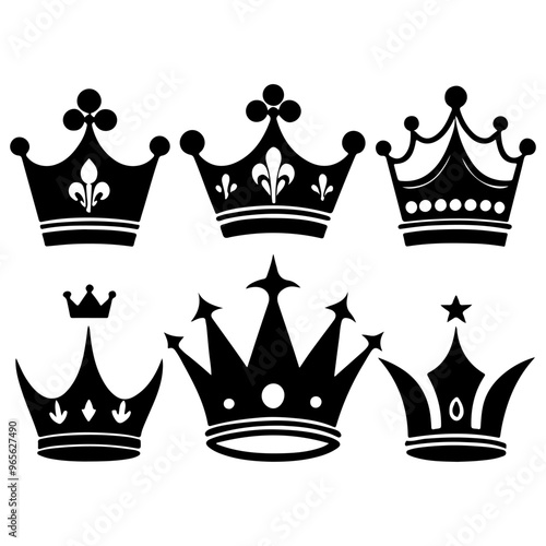 Collection of high-quality royal king crown silhouettes, prince's royal crown vector illustrations, and crown icon sets.