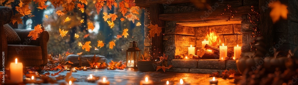 Enchanting Fall Decor with Floating Candles and Animated Leaves by a Rustic Fireplace Enchanting Fall Decor with Floating Candles and Animated Leaves by a Rustic Fireplace