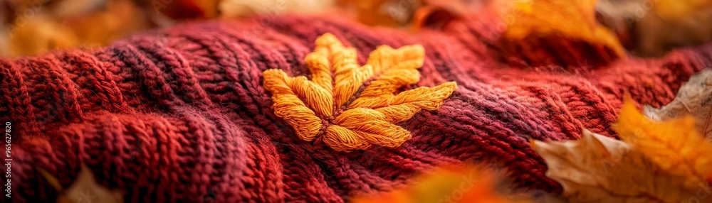 Cozy Sweater Abstract Patterns in Autumn Surroundings | Textured Knitwear Blend with Fall Foliage | Copy Space for Text Overlay Cozy Sweater Abstract Patterns in Autumn Surroundings | Textured Knitwear Blend with Fall Foliage | Copy Space for Text Overlay