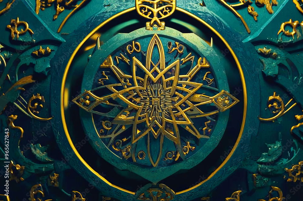 Abstract ancient mystic dark green background with golden ornament Abstract ancient mystic dark green background with golden ornament