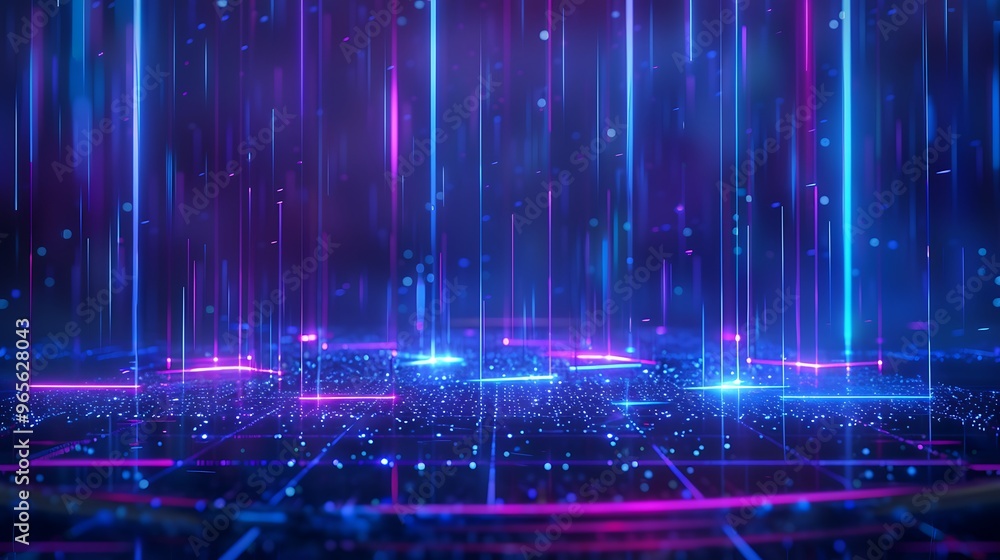 Obraz premium Vibrant digital environment with abstract neon lights and glowing patterns creating a futuristic atmosphere. Stage for product presentation.