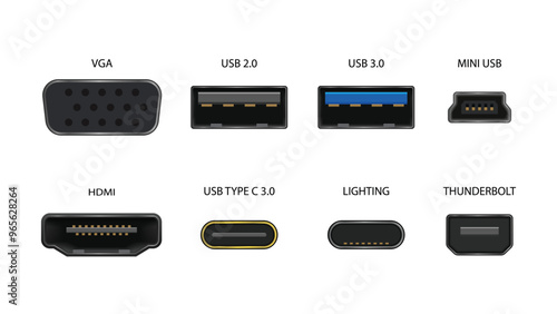 HDMI, VGA, USB 2.0 and 3.0, Mini USB, USB Type-C, Lightning, Thunderbolt Icons for Computers and Mobile Devices. Vector Connectors and Sockets