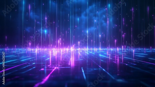 Vibrant digital landscape featuring neon lights and glowing lines, creating a futuristic atmosphere for technology and innovation. Stage for product presentation.