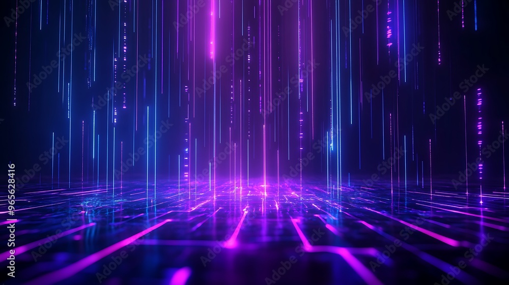 Vibrant digital landscape featuring streams of light in purple and blue tones, creating a futuristic atmosphere. Stage for product presentation. Vibrant digital landscape featuring streams of light in purple and blue tones, creating a futuristic atmosphere. Stage for product presentation.