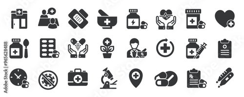 Pharmacy glyph solid icons collection. Containing medicine, prescription, drugged, medical. Minimal icon and symbol series vector illustration