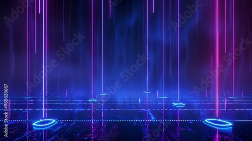 Vibrant digital landscape with neon blue and pink lines illuminating a futuristic space, ideal for technology and design themes. Stage for product presentation.