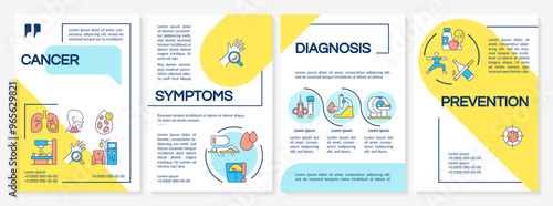 Cancer blue and yellow brochure template. Symptoms and treatment. Leaflet design with linear icons. Editable 4 vector layouts for presentation, annual reports. Questrial, Lato-Regular fonts used