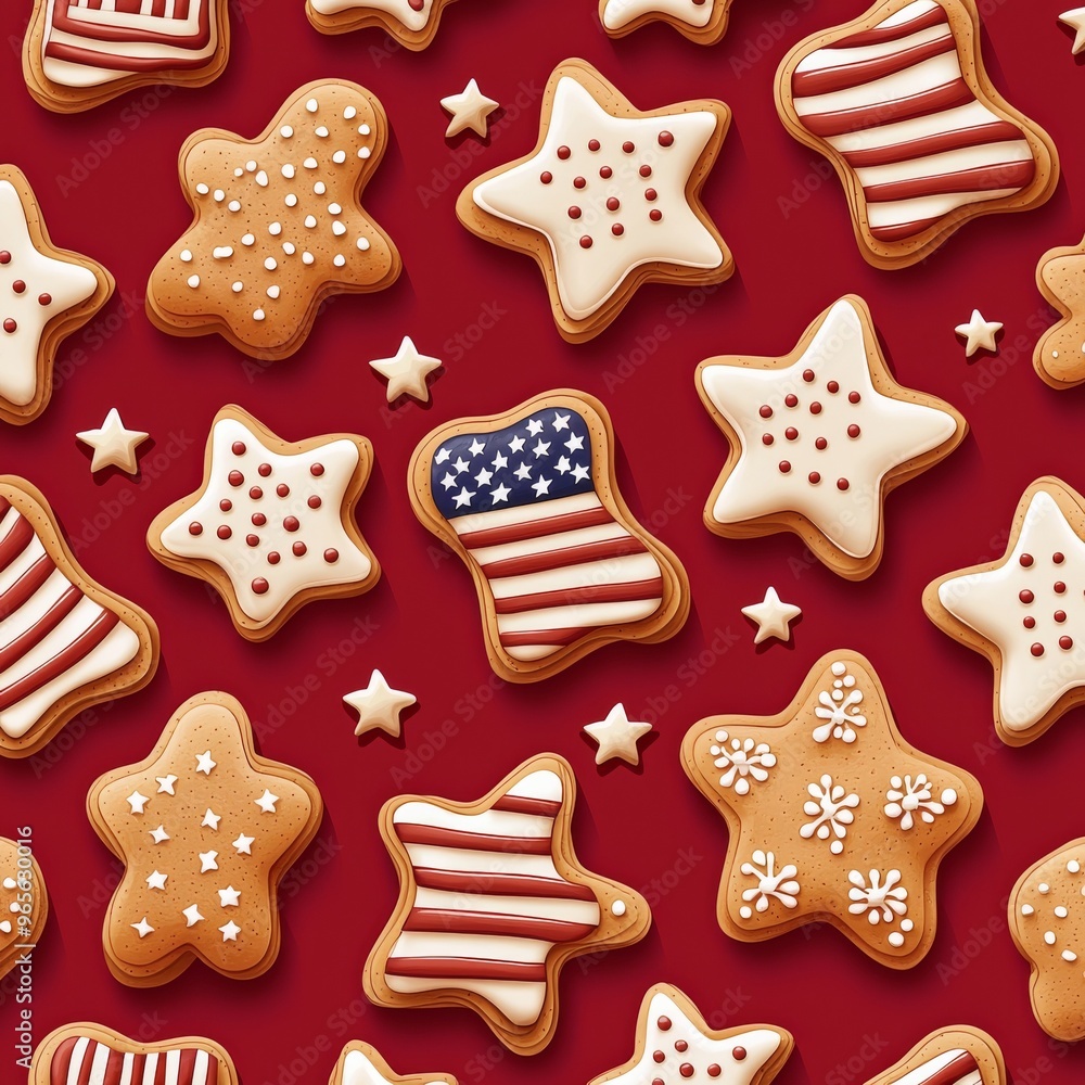 Festive Gingerbread Cookies Seamless Pattern with American Flags Stars and Stripes on Red Background for Backgrounds, Wallpapers, and Textiles. Minimalist Design. Festive Gingerbread Cookies Seamless Pattern with American Flags Stars and Stripes on Red Background for Backgrounds, Wallpapers, and Textiles. Minimalist Design.