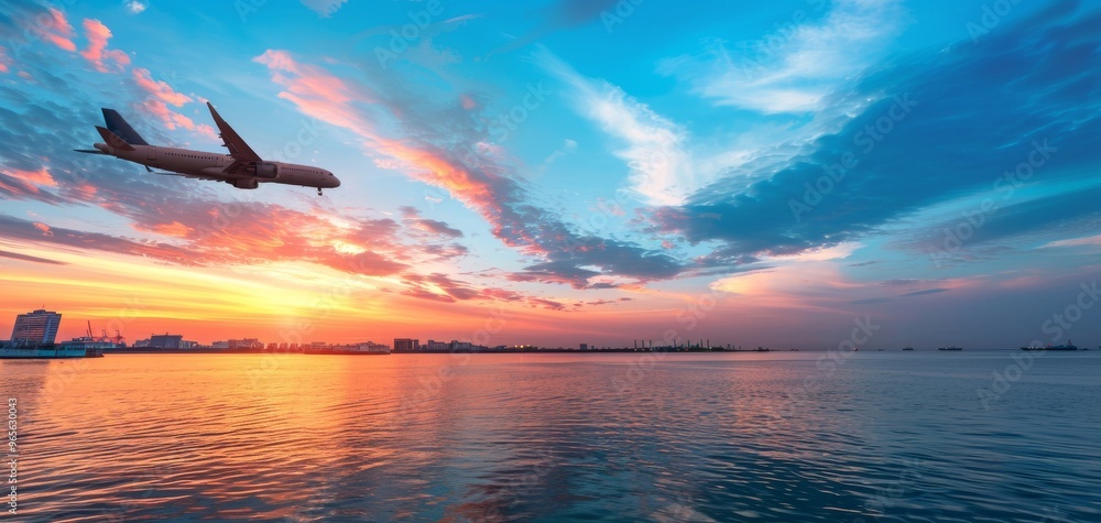 A captivating sunset view with an airplane flying over calm waters, showcasing vibrant colors and serene beauty in the sky. A captivating sunset view with an airplane flying over calm waters, showcasing vibrant colors and serene beauty in the sky.