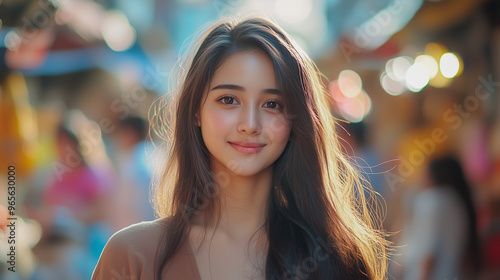 Portrait Of A Smiling Woman In A Vibrant Outdoor Market With Soft Bokeh Lighting